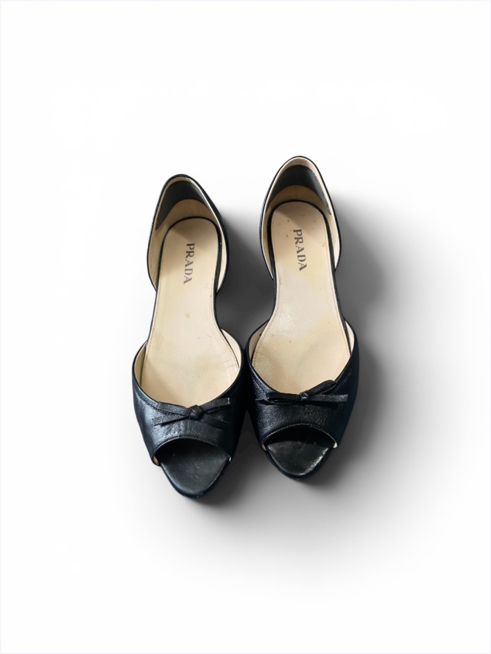 Prada Black Leather Peep-Toe Flats with Bow Accent - Picture 2 of 6